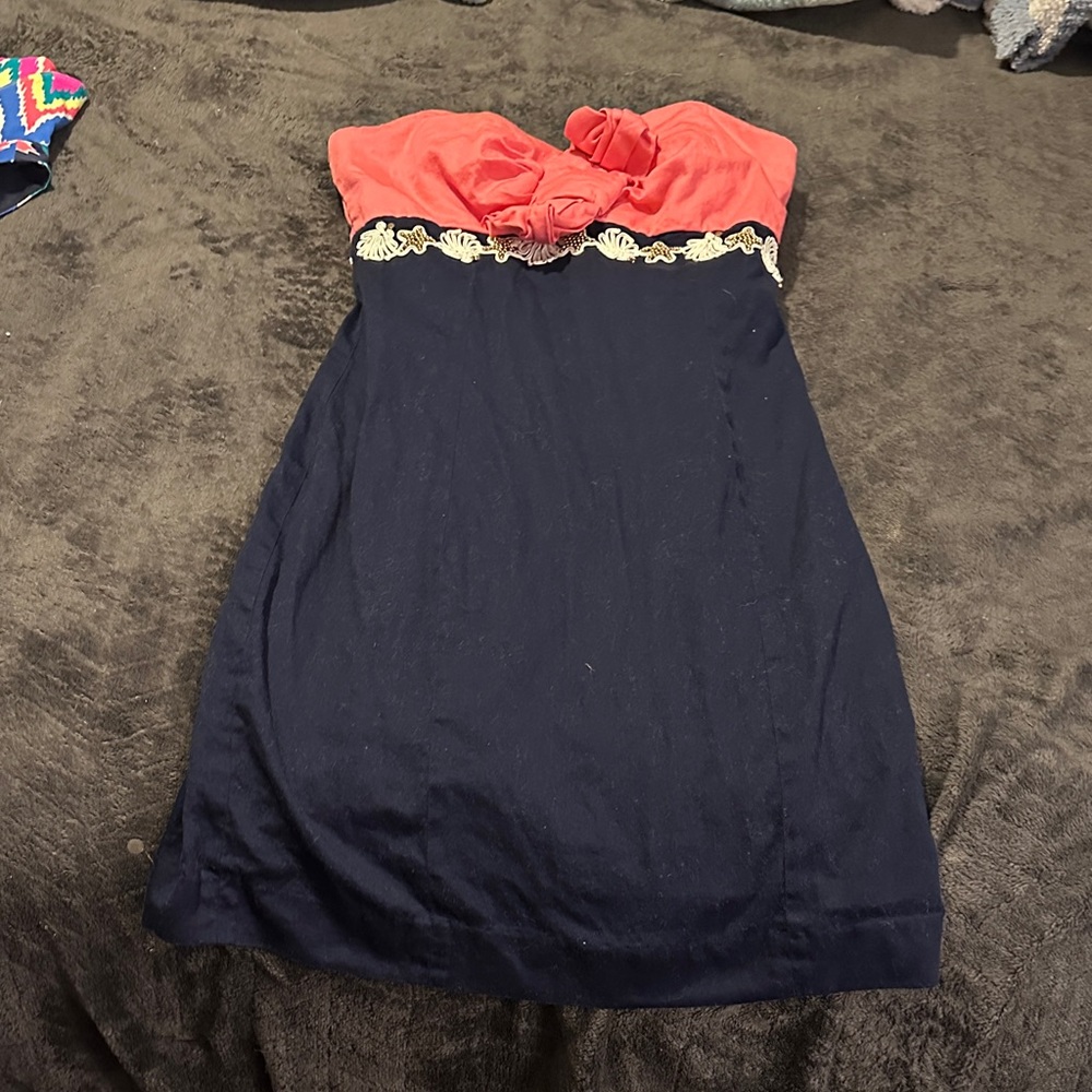 Coral and Navy Strapless Dress